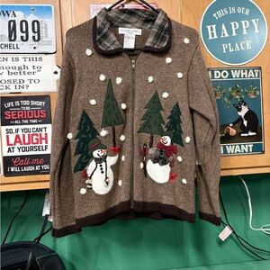 Victoria Jones Woman Festive Brown Cardigan with Snowman and Tree Motif